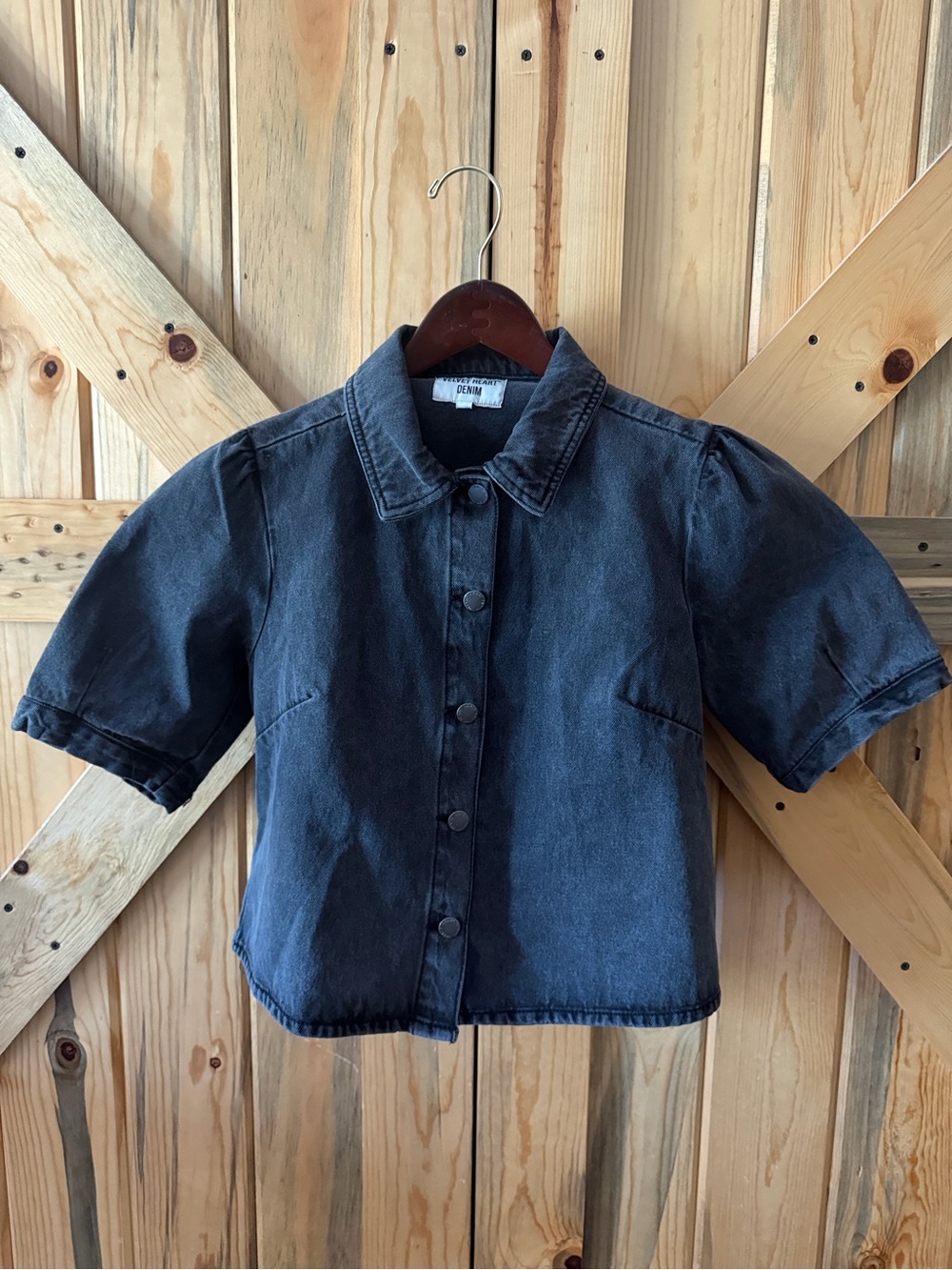 Kids Short-Sleeve Button-Front Denim Shirt - Black